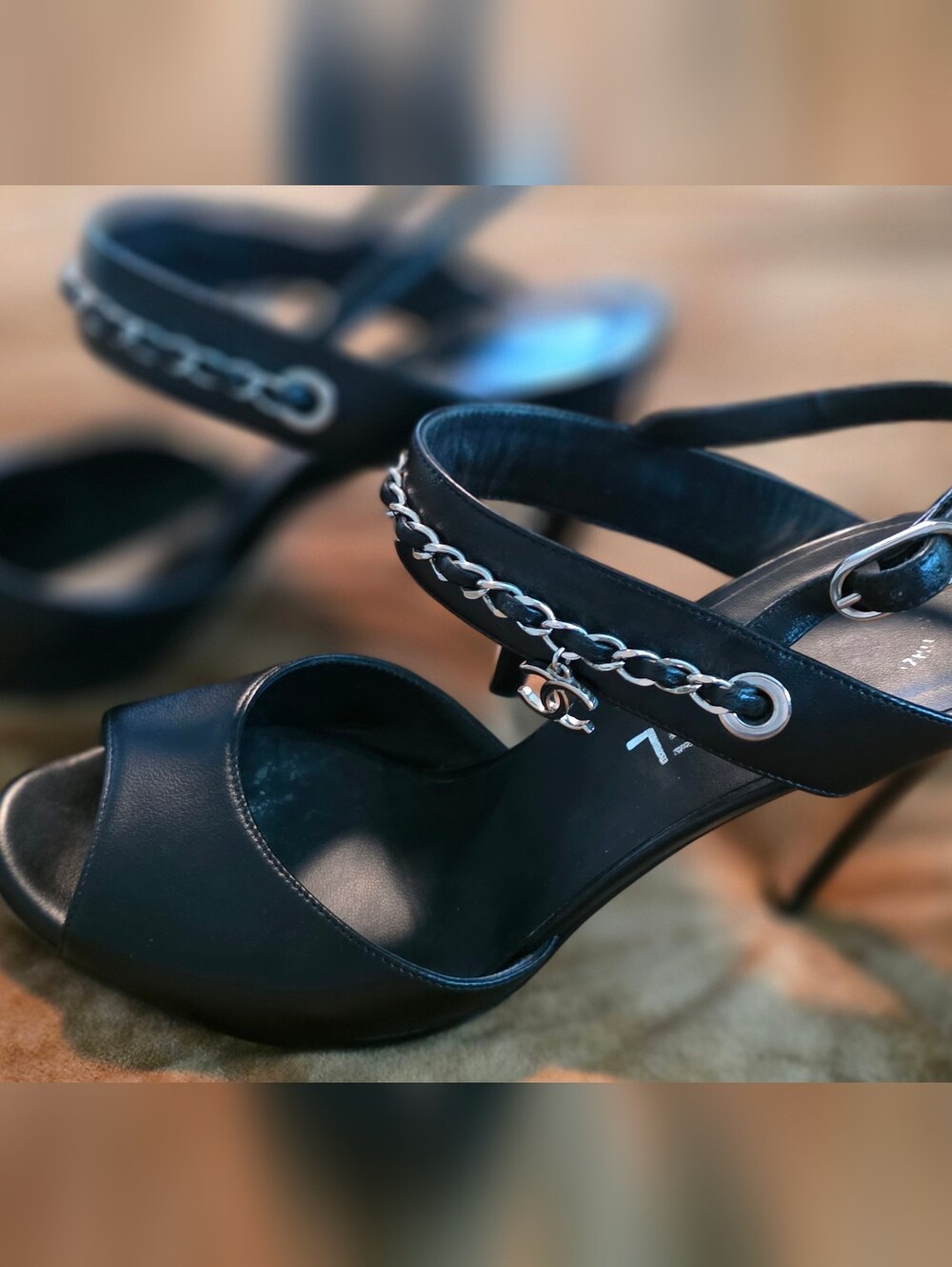 CHANEL Black Leather Open-Toe High Heel Sandals with Chain Detail